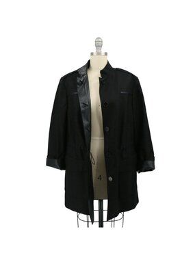 Akris Punto Black Wool Faux Leather Trim Longline Button Front Jacket 14